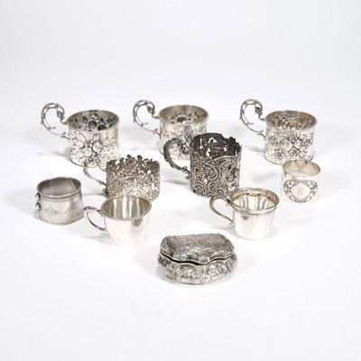 (13pc) SMALL CONTINENTAL SILVER ITEMS | 800 silver, each with fineness mark, including a set of 3 cup liners, 2 individual cup liners, 2...