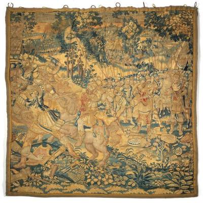 17TH CENTURY FLEMISH VERDURE TAPESTRY | Depicting a battle scene with figures on horseback, and an army of men holding spears. h. 71 x w....