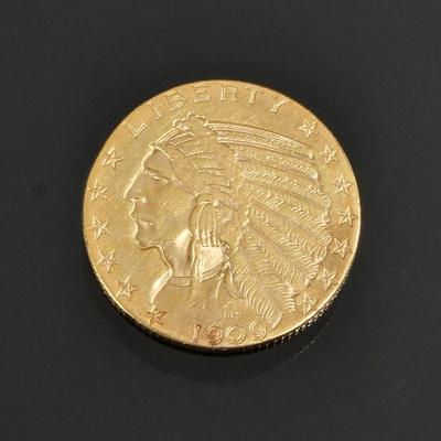 1909 INDIAN HEAD FIVE DOLLAR GOLD COIN | 1909 five dollar gold piece is very good gradeable condition8.3g

