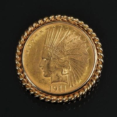 U.S. $10 GOLD COIN PIN | In a 14k gold twisted wirework surround with pin mounting.

