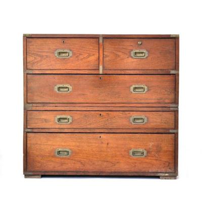 ANTIQUE ENGLISH CAMPAIGN CHEST | In two sections, two drawers (one a fall-front desk) over three full-width drawers, brass hardware. - l....