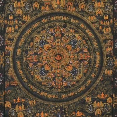 BUDDHIST MANDALA THANKGA PAINTING | Tibetan Buddhist Thangka painting. Sight 22.5 x 17.25 in. In gilt frame - w. 22.5 x h. 28 in. (frame)

