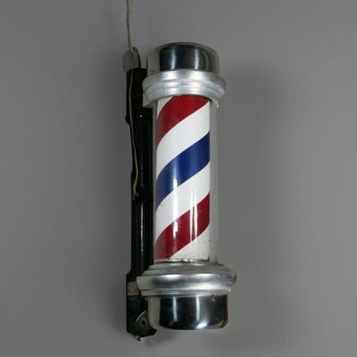 ANTIQUE ELECTRIFIED BARBER POLE | Chrome end caps, with a refurbished spinning red, white, and blue interior pole.

