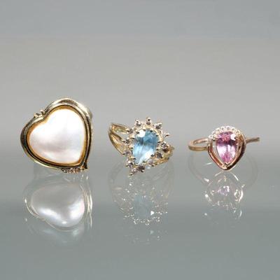 (3pc) SEMI PRECIOUS GEMSTONE & 14K GOLD RINGS | Including; a pear modified cut blue quartz or aquamarine ring with melee diamonds...
