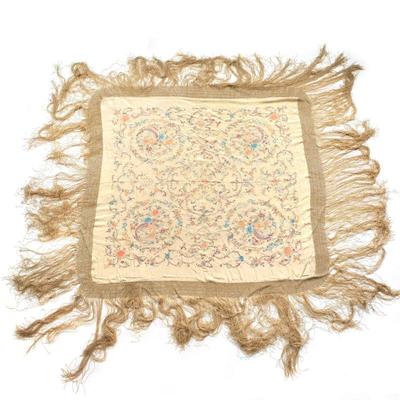 ANTIQUE CHINESE SILK EMBROIDERED SHAWL | ecorated with phoenix birds, insects, and flowers, with crocheted edge - l. 57 x w. 56 in....