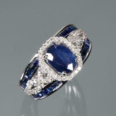 EFFY SAPPHIRE, DIAMOND, & 14K WHITE GOLD RING | Designed as a central oval mixed cut natural sapphire (8.25 x 5.8 x 2.5 mm), prong...