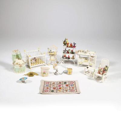 (12pc) DOLLHOUSE NURSERY ROOM MINIATURES | A collection of dollhouse miniature nursery room furniture and accessories, including: a crib...