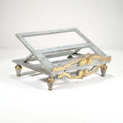 ANTIQUE GILT CARVED BOOK STAND / LECTERN | With old blue paint and carved gilt scroll work - l. 15 x w. 11 x h. 11 in. (open)

