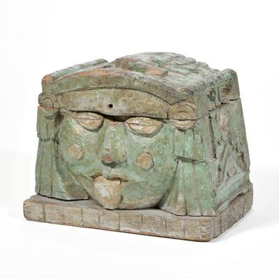 FOLK ART CARVED POLYCHROME BOX | Late 19th/ early 20th century, an unusually heavily carved box with Aztec devices and faces in relief,...