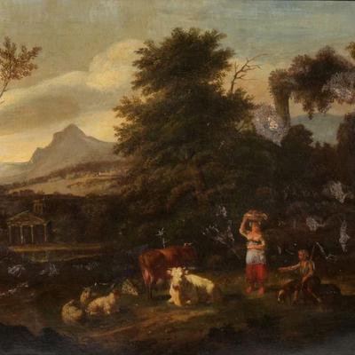 CONTINENTAL SCHOOL (18TH CENTURY) PASTORAL SCENE | In the pasture. Oil on canvas 23 x 29.5 in. stretcher. In molded gilt frame - w. 35 x...