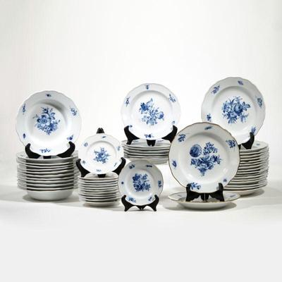 (50pc) MEISSEN BLUE FLOWER CHINA SERVICE | In blue flower pattern with insects, comprising: nineteen 9.75-inch plates, two having gilt...