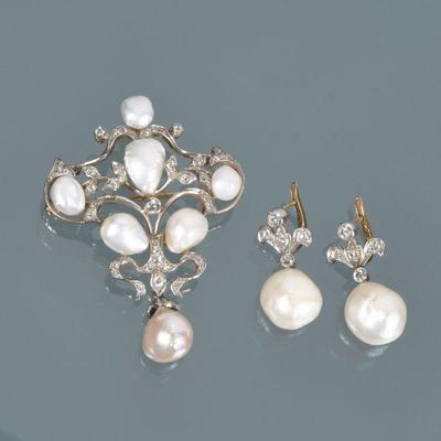 (3pc) ANTIQUE NATURAL PEARL & DIAMOND DEMI PARURE | Comprising a shield-form brooch with open scrollwork mounting six baroque pearls...
