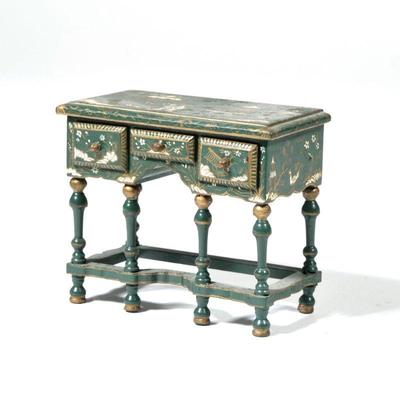 NATASHA MINIATURE SIDE TABLE | Dollhouse miniature furniture: three drawer painted side table in a Japonaise or Chinese taste, signed and...