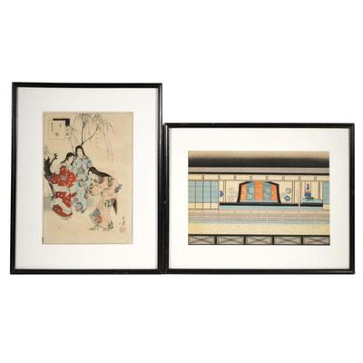 (2pc) JAPANESE WOODBLOCK PRINTS | Including Muzino Toshikata (1866-1908) print depicting three female figures 13 x 9 in. sight, and...