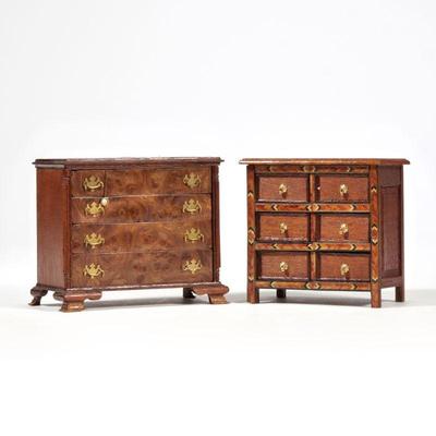 (2pc) DOLLHOUSE MINIATURE CHESTS | Two chests of drawers, one with contrasting inlaid woods in chevron pattern, apparently unsigned, and...