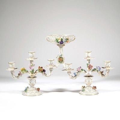 (3pc) DRESDEN PORCELAIN GARNITURE | Comprising a pair of three light candelabra, with blue underglaze Dresden Saxony marks to bottom, and...