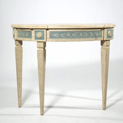 PIERRE DEUX HALF TABLE | Wooden PIERRE DUEX table with some wood chipping but in good condition. - l. 42 x w. 21-1/2 x h. 33-1/2 in.

