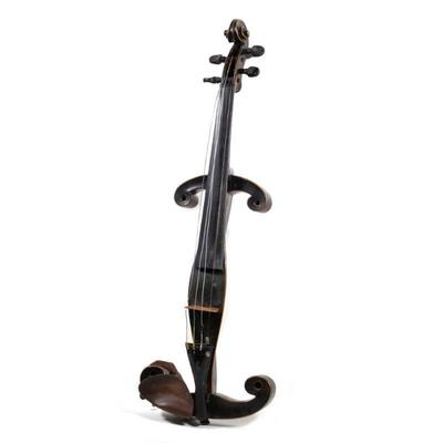 19TH C. PRACTICE VIOLIN | Circa late 19th century black painted wood practice violin, with an Aubert & Mirecourt fitted violin...