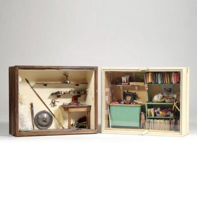 (2pc) MINIATURE DOLLHOUSE DIORAMAS | Two dollhouse miniature shadow box dioramas, including a sewing room / seamstress shop with bolts of...