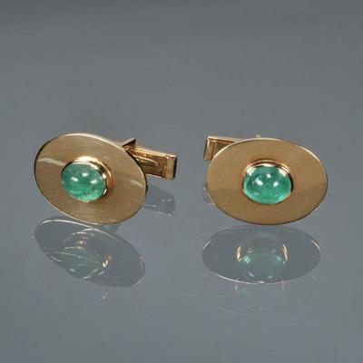 MEN'S EMERALD CABOCHON & 14K GOLD CUFFLINKS | Designed as a central oval cabochon emerald (8.5 x 7 x 8mm, each), set in a 14k...