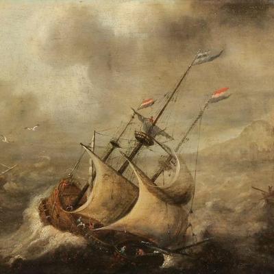 PIETER de MOLYN (Dutch, 1595-1661) | Sailboat on stormy seas. Oil on board. h. 9 x 11.5 in., board - w. 18 x h. 15.5 in. (Frame)

