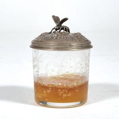 UNUSUAL SILVER LIDDED & ETCHED GLASS HONEY JAR | An etched glass jar with an 835 silver lid with bee finial and floral repousse; lid...