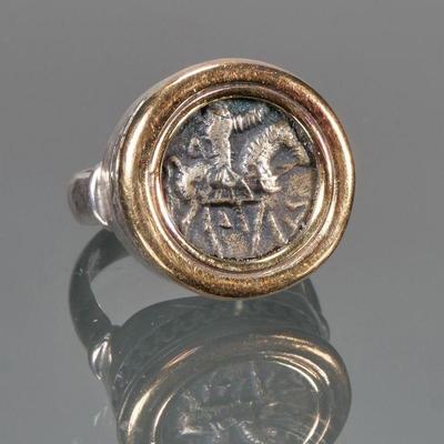 ANCIENT COIN, 14K GOLD, & STERLING SILVER RING | Designed as a central Roman or Greek ancient coin showing a figure on horseback...