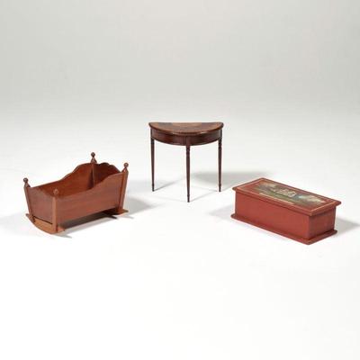 (3pc) SIGNED DOLLHOUSE FURNITURE | Miniature dollhouse furniture, including a 19th century painted chest decorated with a clipper ship,...