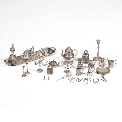 COLLECTION DOLLHOUSE MINIATURE FURNITURE | Dollhouse miniature silver, including sterling, comprising: a five piece English silver tea...
