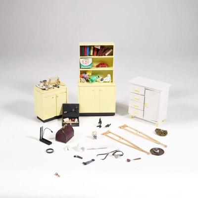 DOLLHOUSE DOCTOR'S OFFICE GROUP | Dollhouse miniature furniture for a doctor's office, including a yellow painted cabinet with...