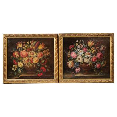 (2pc) PAIR CONTINENTAL SCHOOL STILL LIFE PAINTINGS | Showing flowering bouquets in vases, 15.25 x 17.25 in., each stretcher no apparent...