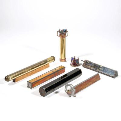 (6pc) GLASS & BRASS KALEIDOSCOPES | Including a Sue Ross hammered pewter and stained glass kaleidoscope, a hand-crafted slag glass...