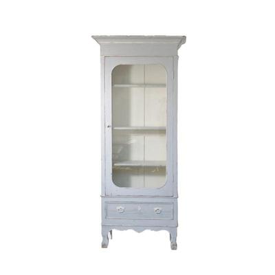 PIERRE DEUX HUTCH | Light blue painted glass door hutch having 4 shelves over small drawer - l. 36 x w. 20 x h. 82 in.

