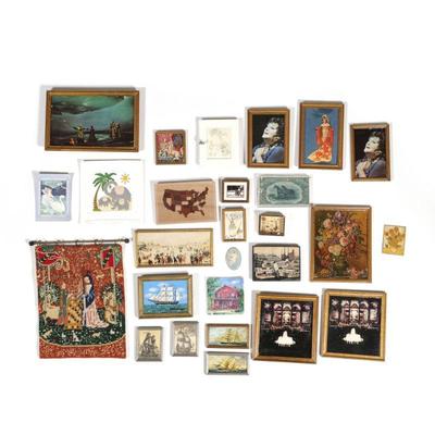 DOLLHOUSE FRAMED ART | Dollhouse miniature framed art, most are reproductions, including a needlepoint tapestry on a brass hanging rod -...