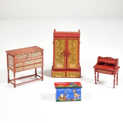 (4pc) PAINTED MINIATURE FURNITURE | Including two pieces signed "J.H. Chase / Wallingford VT / 76 / B. McKenna": a red wardrobe...