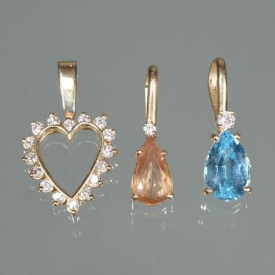 (3pc) GEMSTONE & 14K GOLD PENDANTS | Including an open heart shaped pendant, mounting, small, full cut diamonds (1 in., 2.3g);...