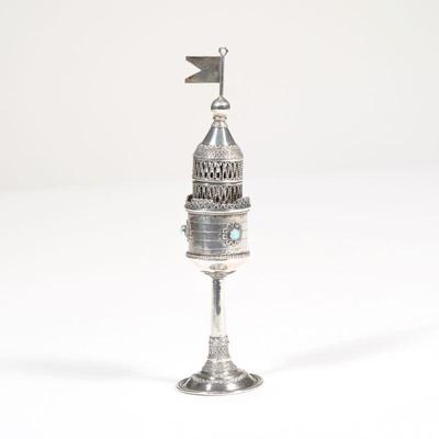 CONTINENTAL SILVER SPICE TOWER | With turquoise cabochons, marked on the base; 1.99 ozt - h. 6.75 in.

