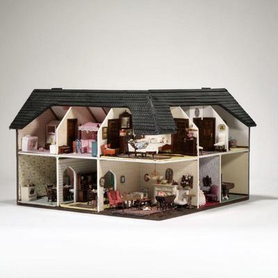 MINIATURE DOLLHOUSE DIORAMA | Each room with furniture, art, decor, and figures, within a lucite display cover box - l. 18 x w. 18 x h....