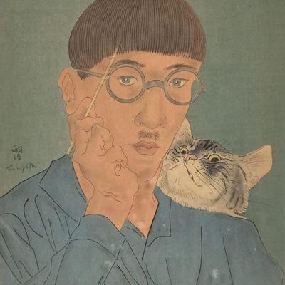 LEONARD TSUGUHARU FOUJITA (JAPANESE/FRENCH, 1886-1968) | Self-portrait with a cat. Color woodcut. h. 14 x 10.5 in. sight. With printed...