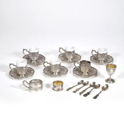 (20pc) CONTINENTAL SILVER DEMITASSE & ACCOUTREMENTS | 800 silver, including a set of 6 demitasse cup surrounds with repousse...