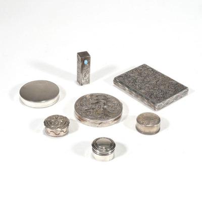 (7pc) 800 & STERLING SILVER BOXES | Including an 800 silver cigarette case, a matching compact, and matching lipstick compact with...