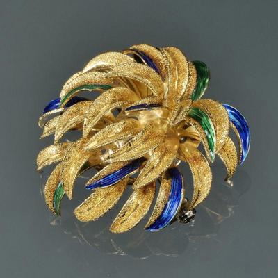 ENAMEL & 18K GOLD PIN | Italian, designed as textured gold leaves with gold and blue enamel, marked "750 / ITALY"; 1.25 in,...