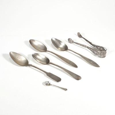(6pc) SILVER FLATWARE| Including four silver tablespoons each with different continental hallmarks, a small salt spoon with bow-patterned...