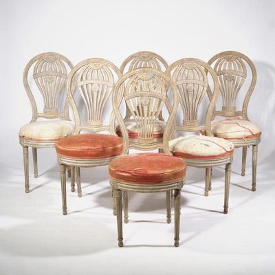 (6pc) MONTGOLFIERE FRENCH HOT AIR BALLOON CHAIRS | Round seats, hot air balloon openwork splats, with spindle turned rear support, frame...