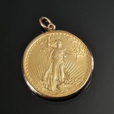 1908 SAINT-GAUDENS DOUBLE EAGLE "NO MOTTO" | Obverse showing liberty walking with torch and branch, reverse with flying eagle,...