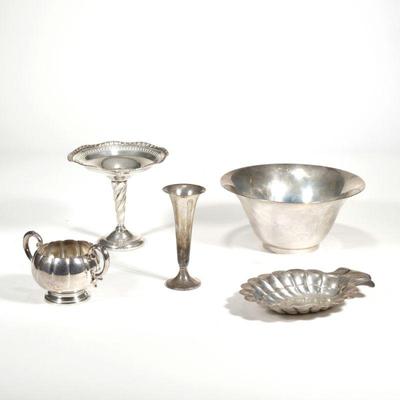 (5pc) STERLING SILVER BOWLS & VASES | Including a sterling silver bowl (dia. 9.25 in.), a Marshall Field & Co. sterling silver...