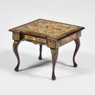 NATASHA CHINOISERIE DOLLHOUSE CARD TABLE | Dollhouse miniature card table with extensive hand-painted decoration, having a single drawer...