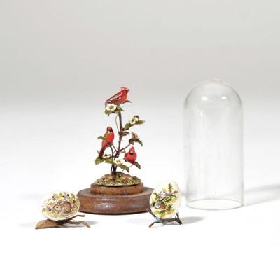 (3pc) MARY MCGRATH MINIATURE DISPLAY OBJECTS | Hand-painted dollhouse miniature decorative objects, including a bird display and two...