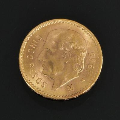 1955 CINCO PESOS MEXICAN GOLD COIN | 4.1g - dia. 1/2 in.

