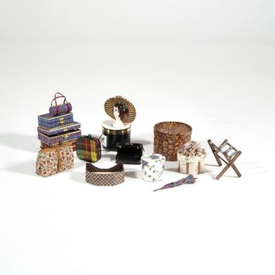 DOLLHOUSE MINIATURE LUGGAGE & HAT BOXES | Including an Hermes hat box, a Bonwit Teller box, an LV monogram open box, a miniature hat...